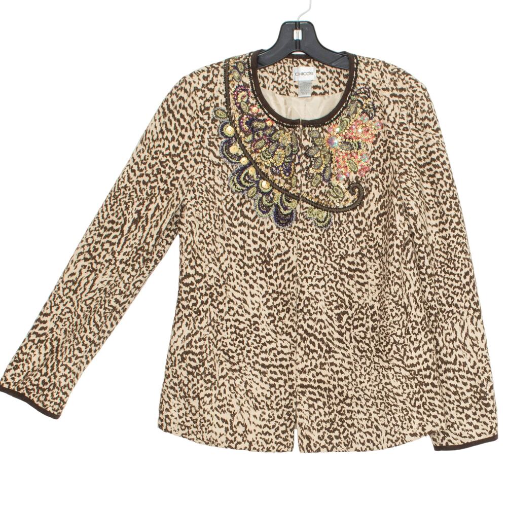 Chicos Womens Jacket Embroidered Beaded Sequin Animal Print Soft 0 Small 6 fi